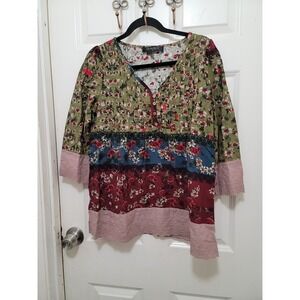 Gracila Floral Patchwork Top Womens Medium Green Blue Red Henley Lace 3/4 Sleeve